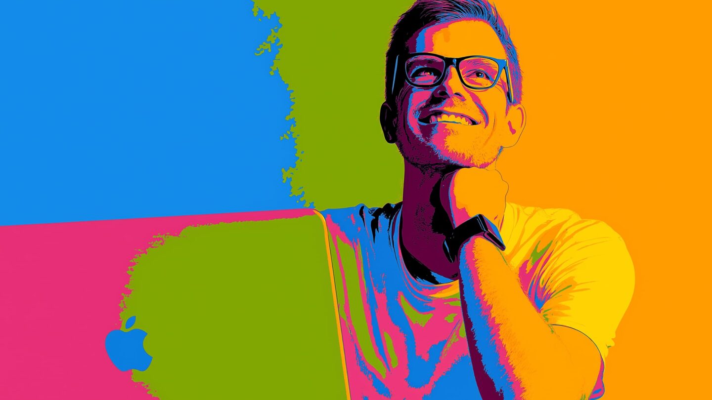 AI illustration of a happy, confident man using FirstResume AI job search tool on a MacBook.