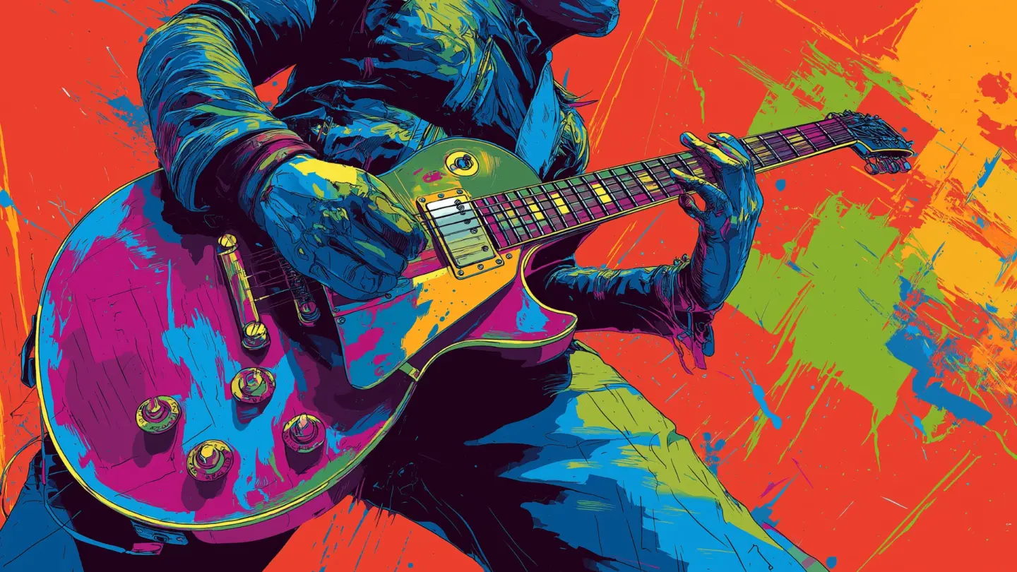 AI-generated comic book image of a guy playing a Les Paul guitar, used to illustrate a deal on Fret Zealot guitar lessons