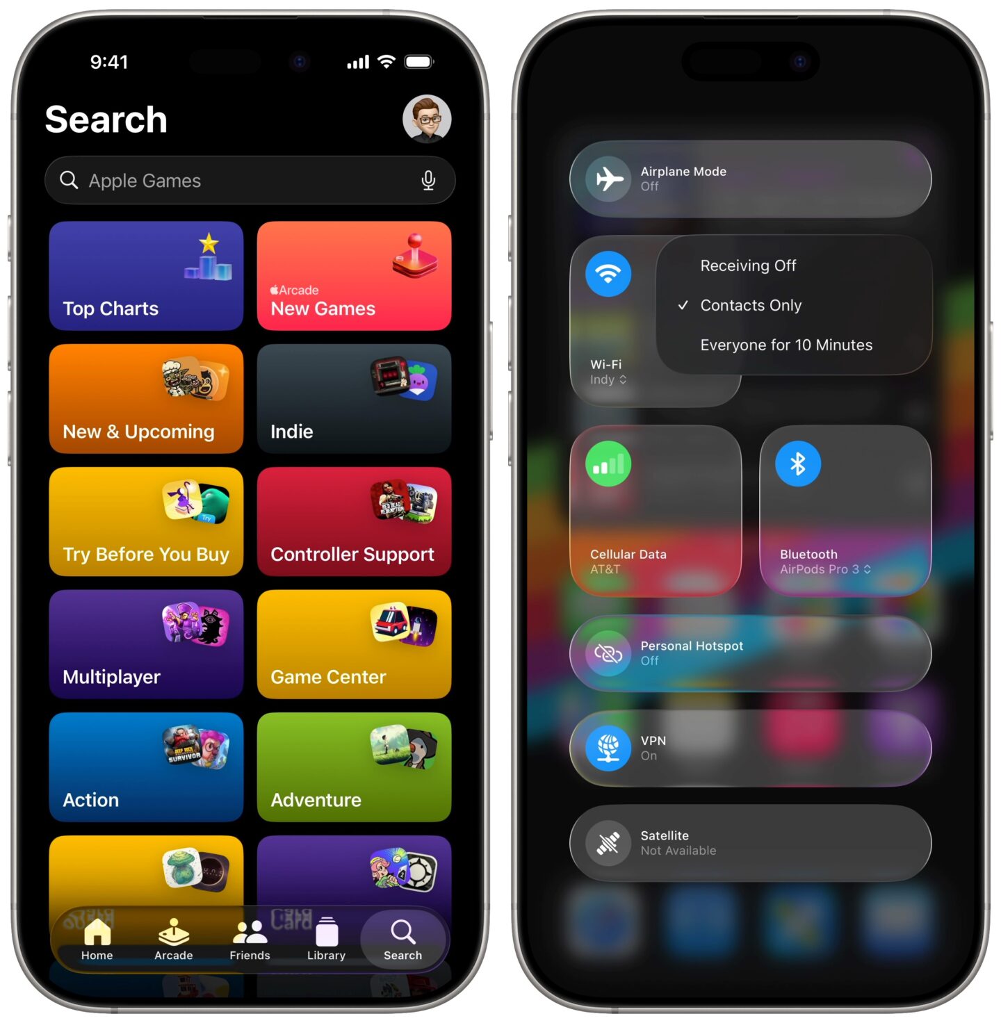 Left: The Games app with its Search field on the top. Right: Control Center context menus.