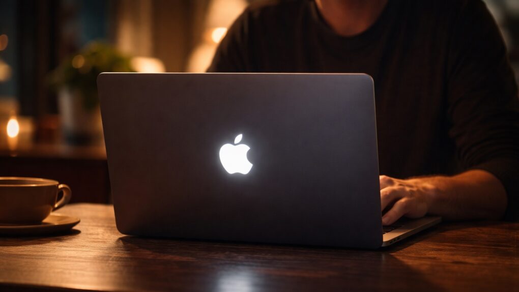AI-generated image of a person using a laptop on a wooden table with a glowing Apple logo on the back