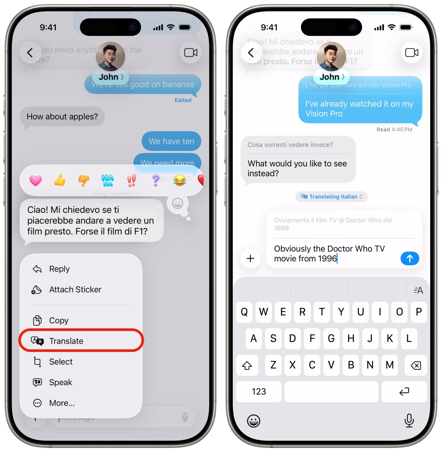 Two iPhone screenshots show how to translate a conversation in Italian, a new feature in the Messages app in iOS 26