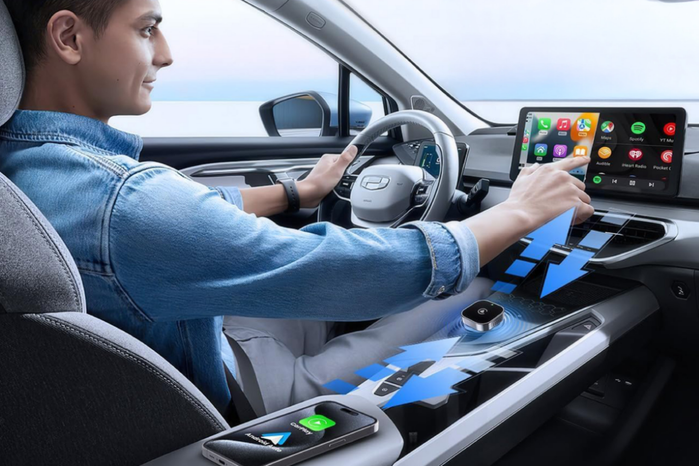 Adapter wirelessly connecting the man's phone to his vehicle's infotainment system
