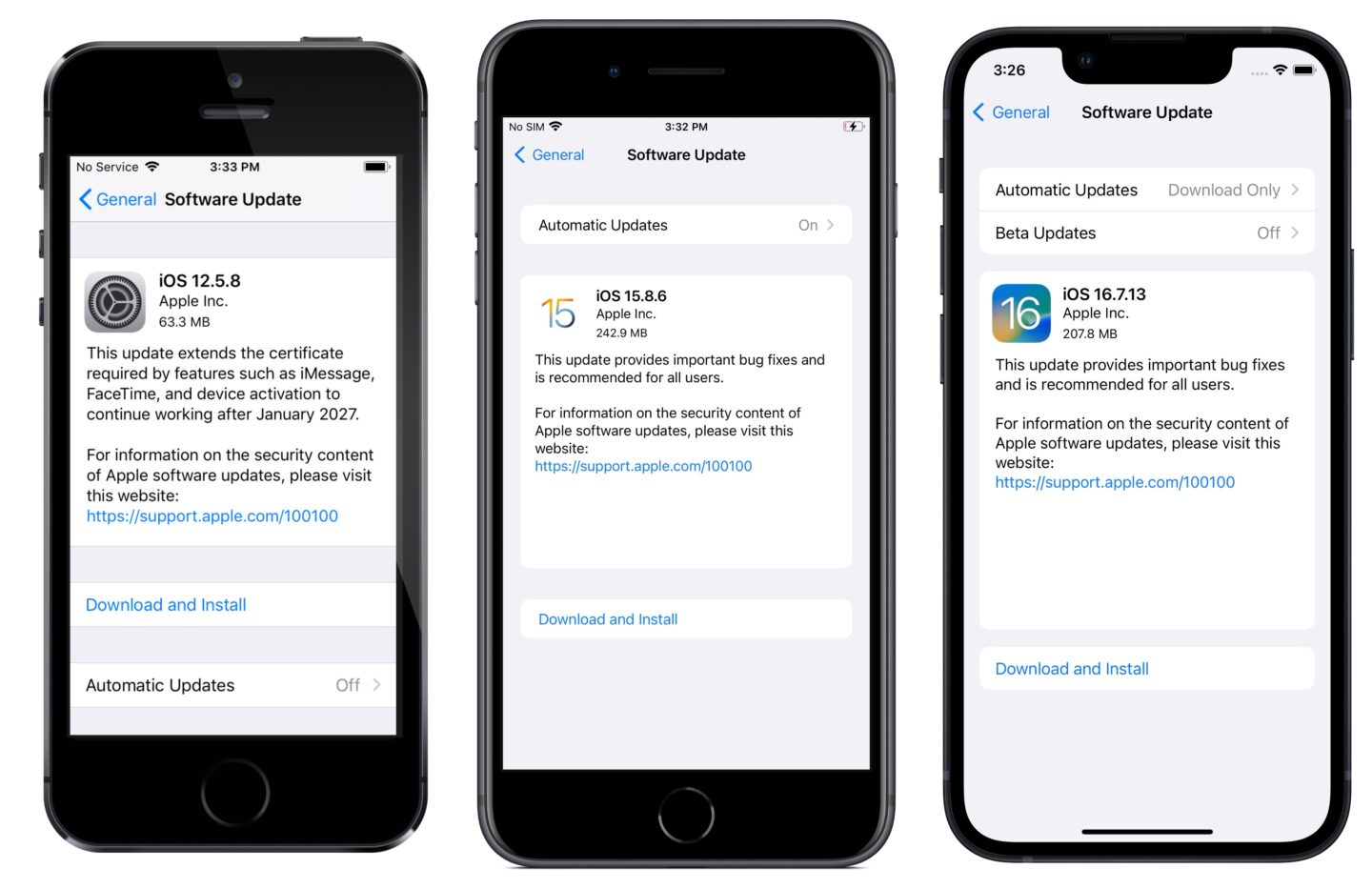 Software updates on an iPhone 5s, 7 Plus and X