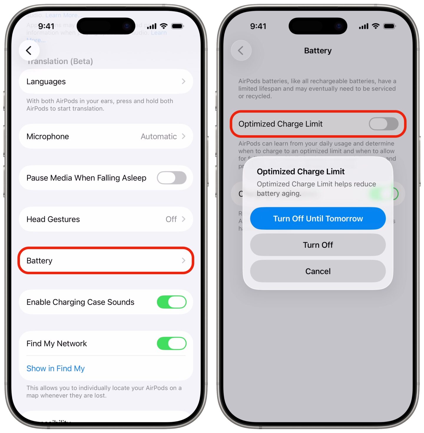 iPhone screenshots showing how to turn off AirPods' Optimized Charge Limit setting so they charge to 100% instead of 80%