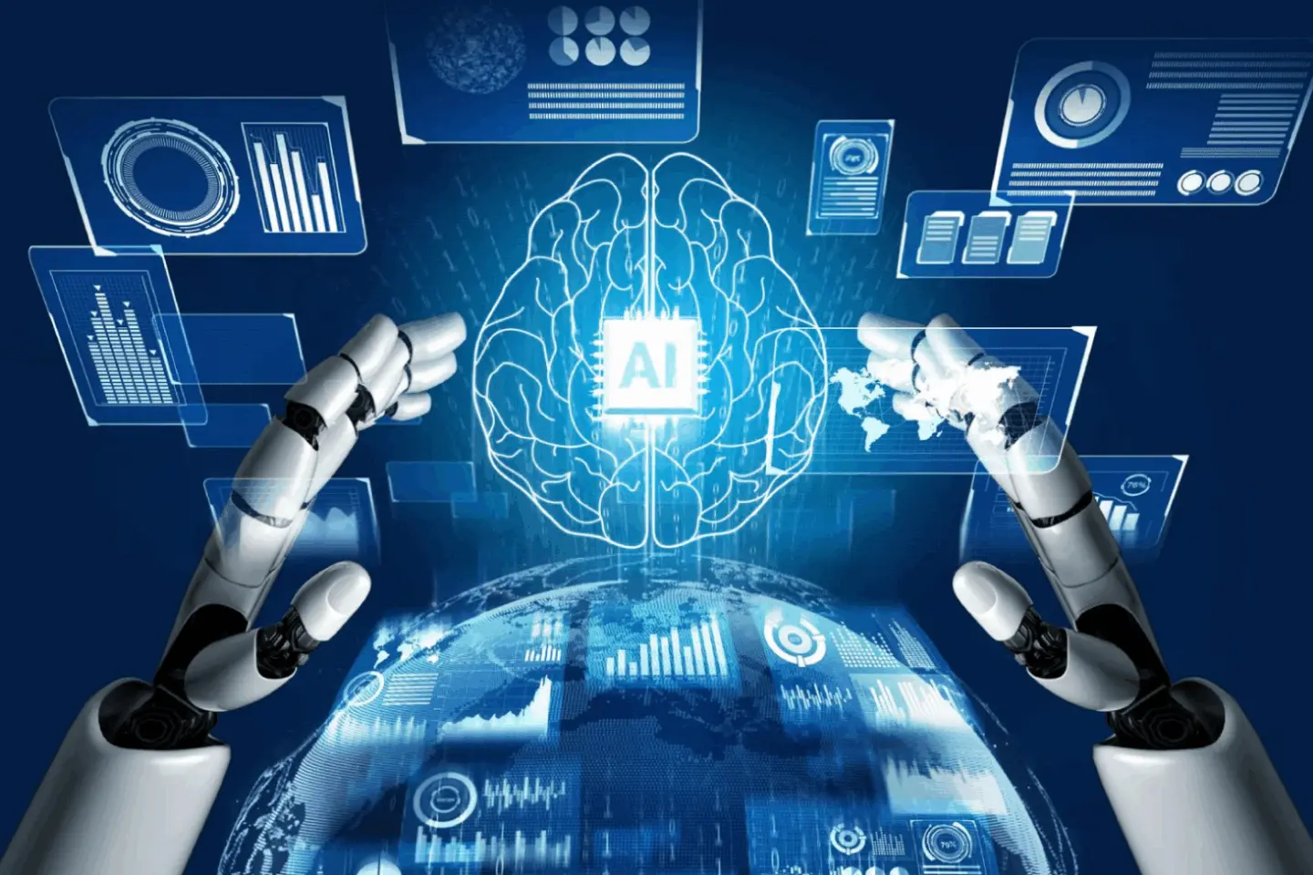A futuristic image of a glowing AI‑chip brain surrounded by robotic hands, with a digital globe and data graphics in the background, used to illustrate a deal on generative AI courses