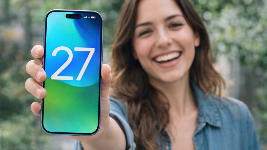 AI-generated image of a woman holding an iPhone with iOS 27 on the screen