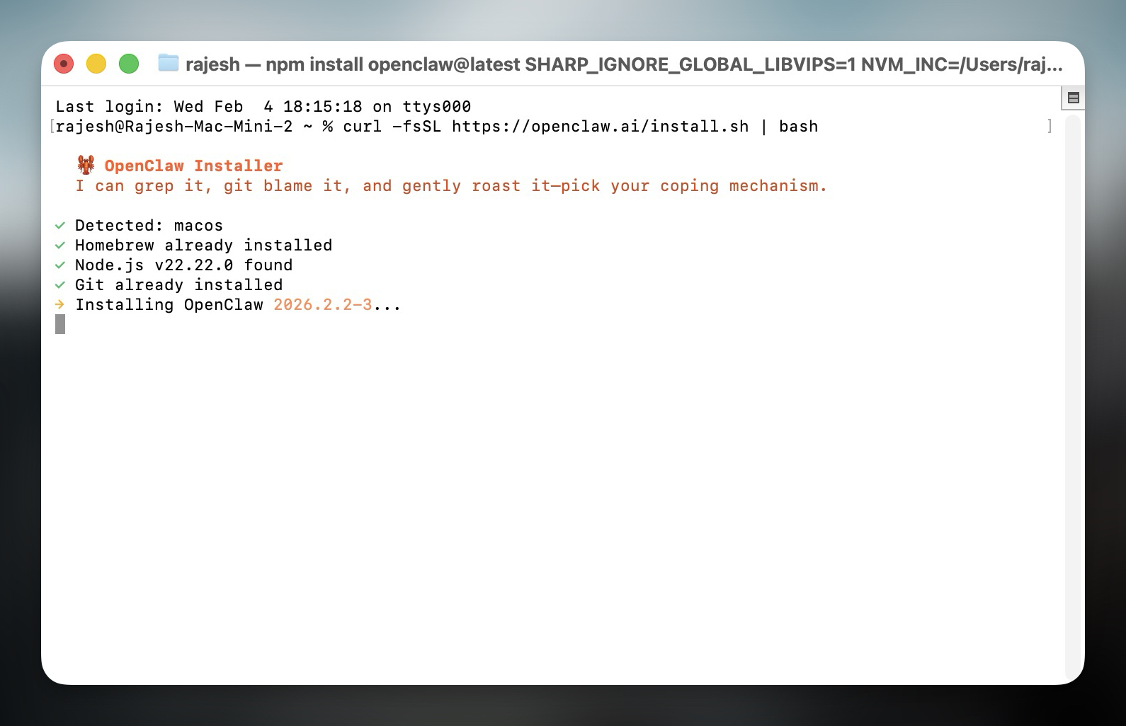 If everything is set up correctly, you just need to run one command to install OpenClaw on your Mac.