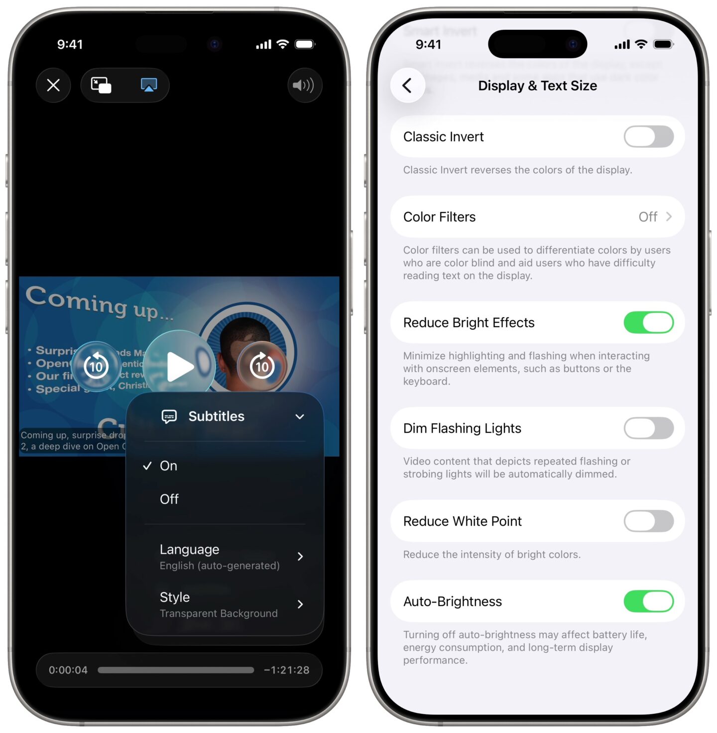 New Captions menu in the video player, and the Reduce Bright Effects setting