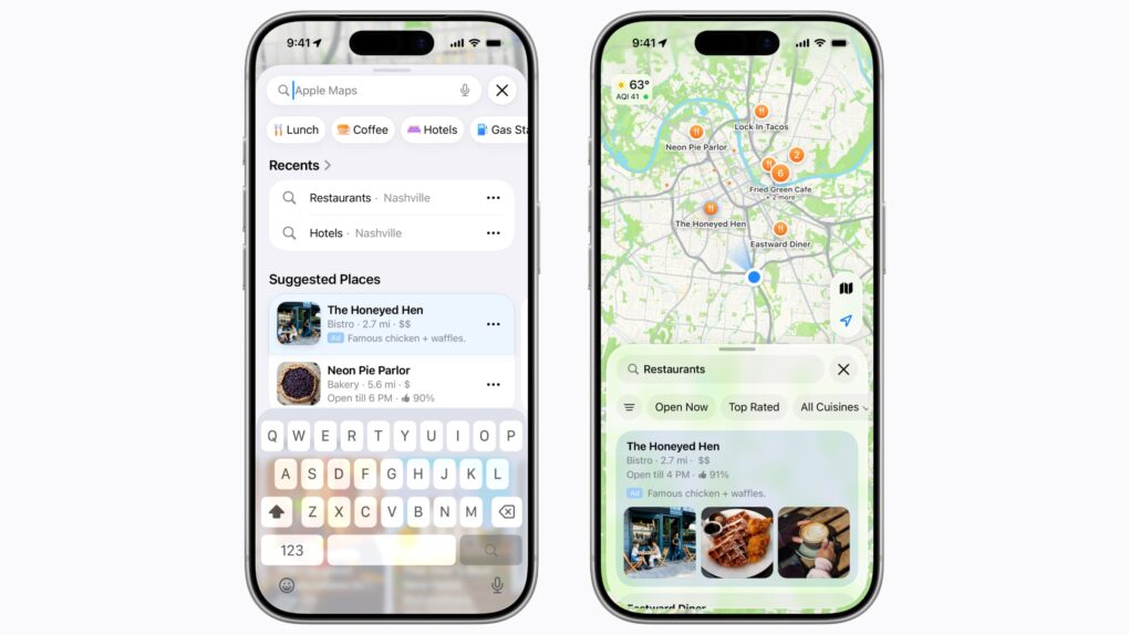 Two iPhone screenshots show an example of an ad in Apple Maps.