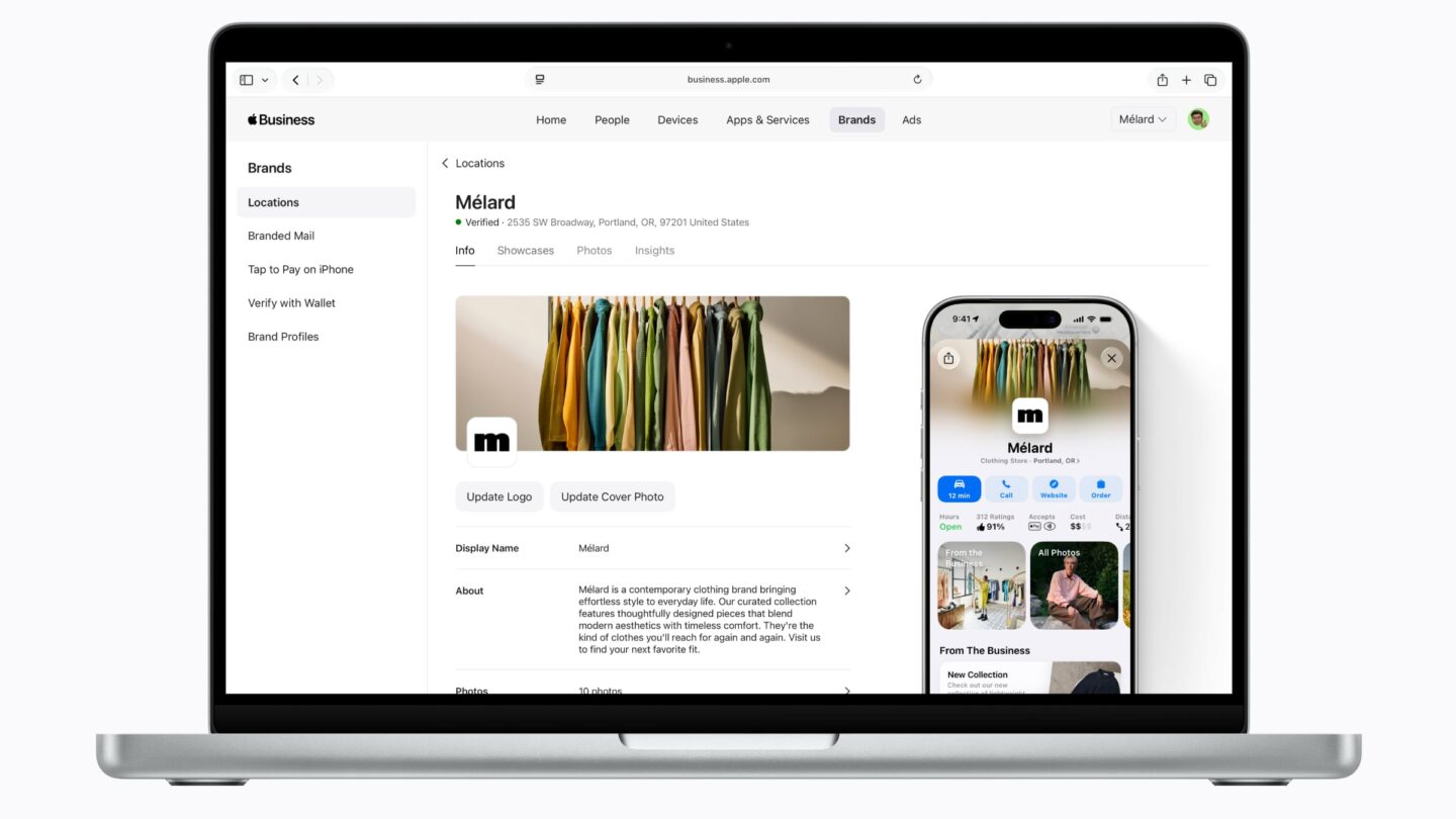 Image of a MacBook with Apple Business brand management tools on the screen