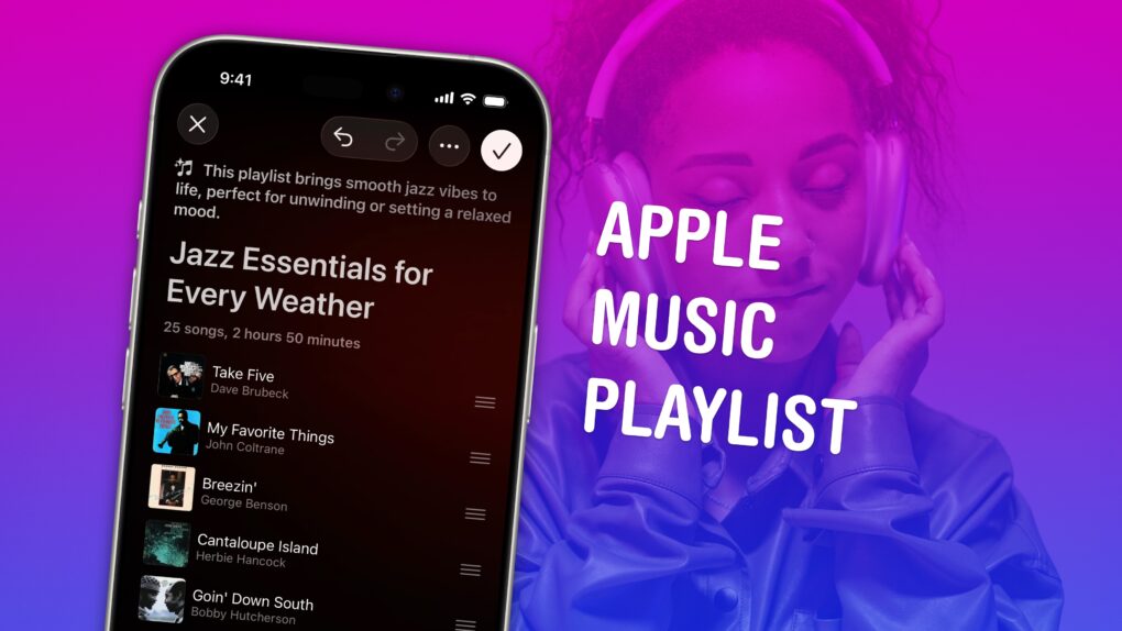 Screenshot of Playlist Playground in Apple Music, with a photo of a woman wearing AirPods Max, captioned “Apple Music Playlist”