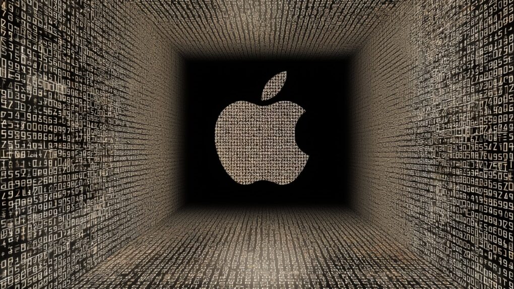AI-generated image of the Apple logo surrounded by black, as seen through a sci-fi-style tube of numbers