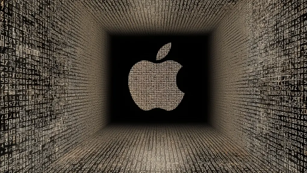 AI-generated image of the Apple logo surrounded by black, as seen through a sci-fi-style tube of numbers