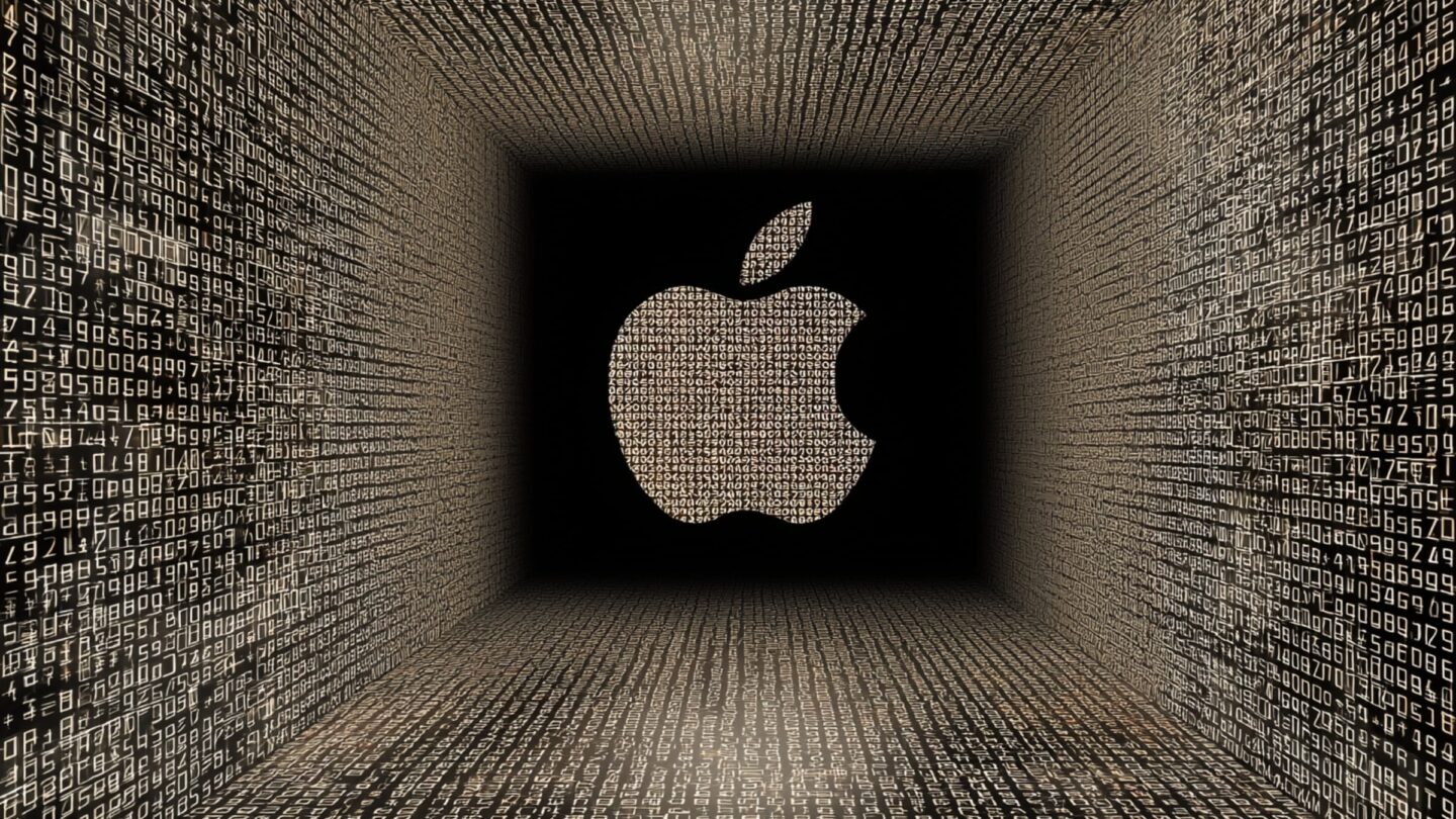 AI-generated image of the Apple logo surrounded by black, as seen through a sci-fi-style tube of numbers