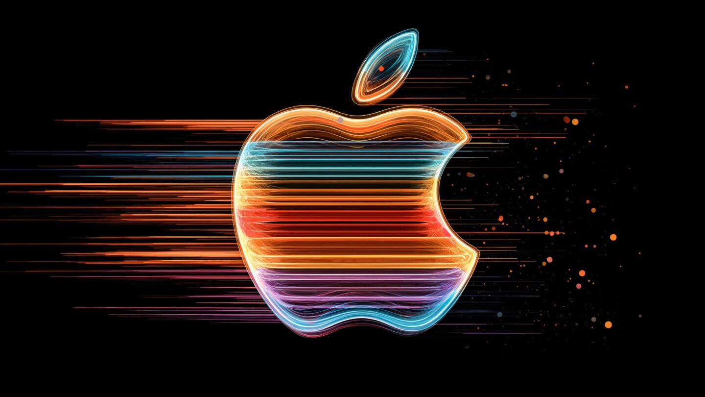 AI-generated image of the colorful Apple logo, with streaks of colored light running through it.