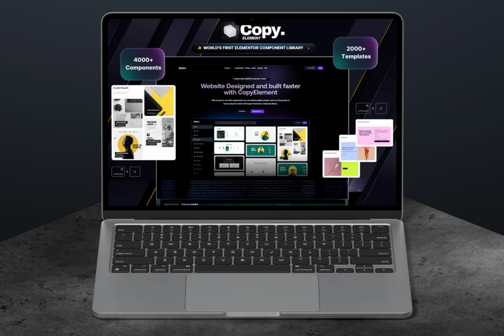 Promo material for CopyElement, which shows Elementor templates on a laptop screen