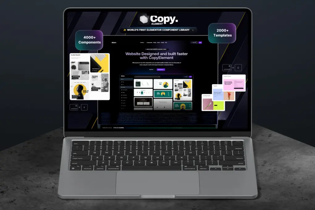 Promo material for CopyElement, which shows Elementor templates on a laptop screen