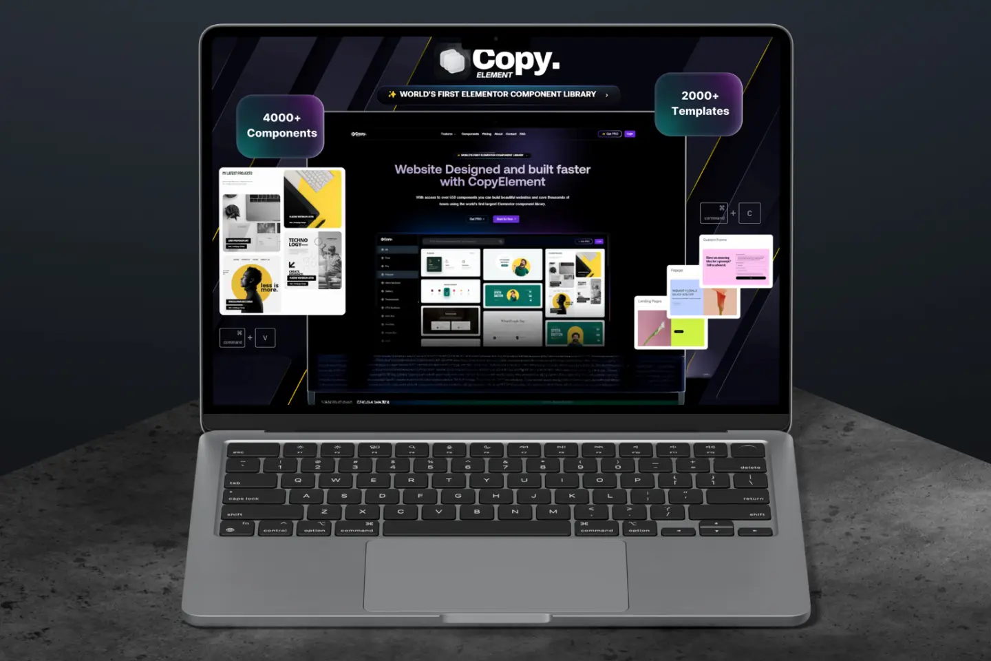 Promo material for CopyElement, which shows Elementor templates on a laptop screen