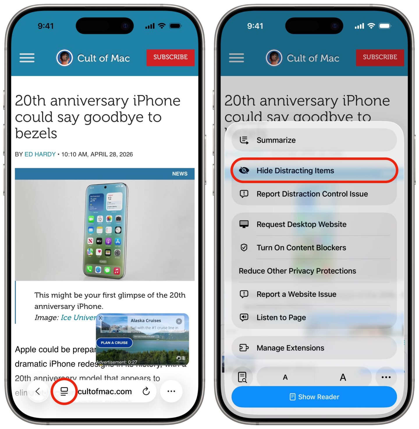 The &ldquo;Hide Distracting Items&rdquo; setting in the Safari page menu