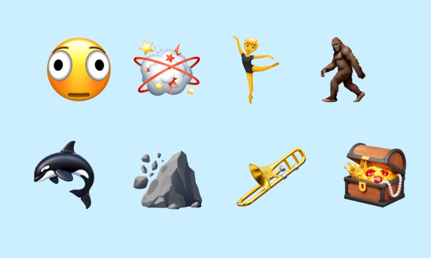 New emoji in iOS 26.4: Distorted Face, Fight Cloud, Ballet Dancer, Hairy Creature, Orca, Landslide, Trombone and Treasure Chest.