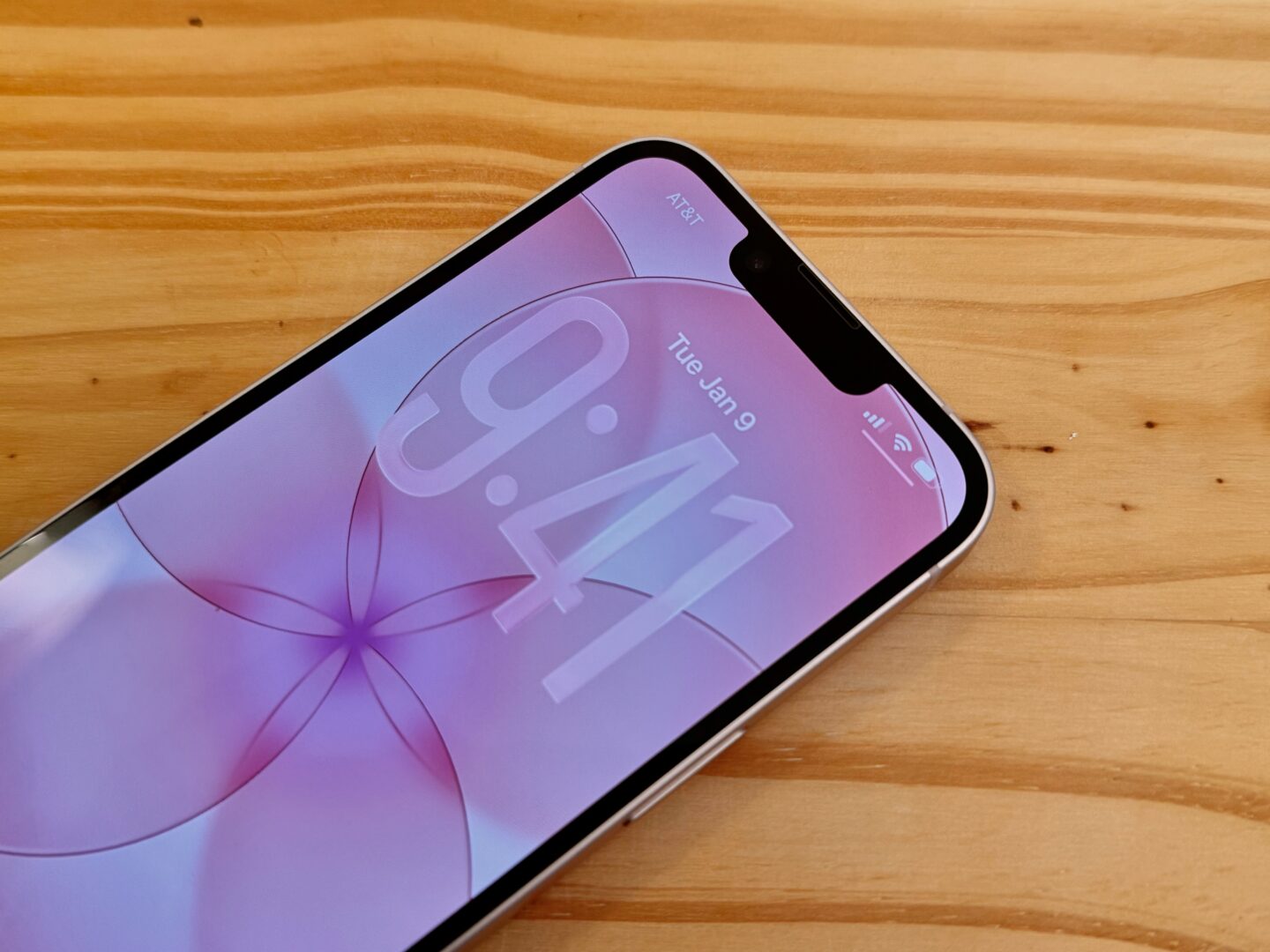 Close-up of the iPhone 17e display, showing its notch and bezels.