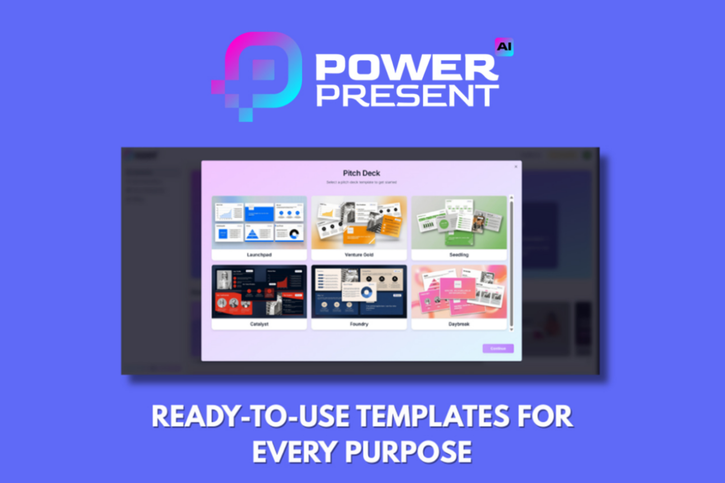 Marketing image showing AI presentation maker PowerPresent, with the words "ready-to-use templates for every purpose."