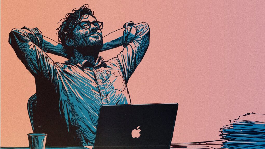 Drawing of man with MacBook Pro sitting at desk, using 1 / 1 – QuickBooks Desktop Pro 2024