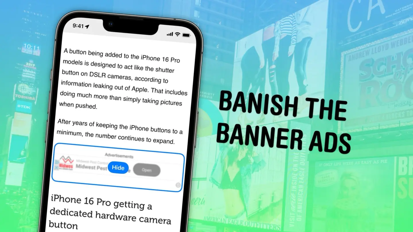 Image of an iPhone showing the Hide Distracting Items feature used to remove ads from web pages, along with the words, "Banish the banner ads."