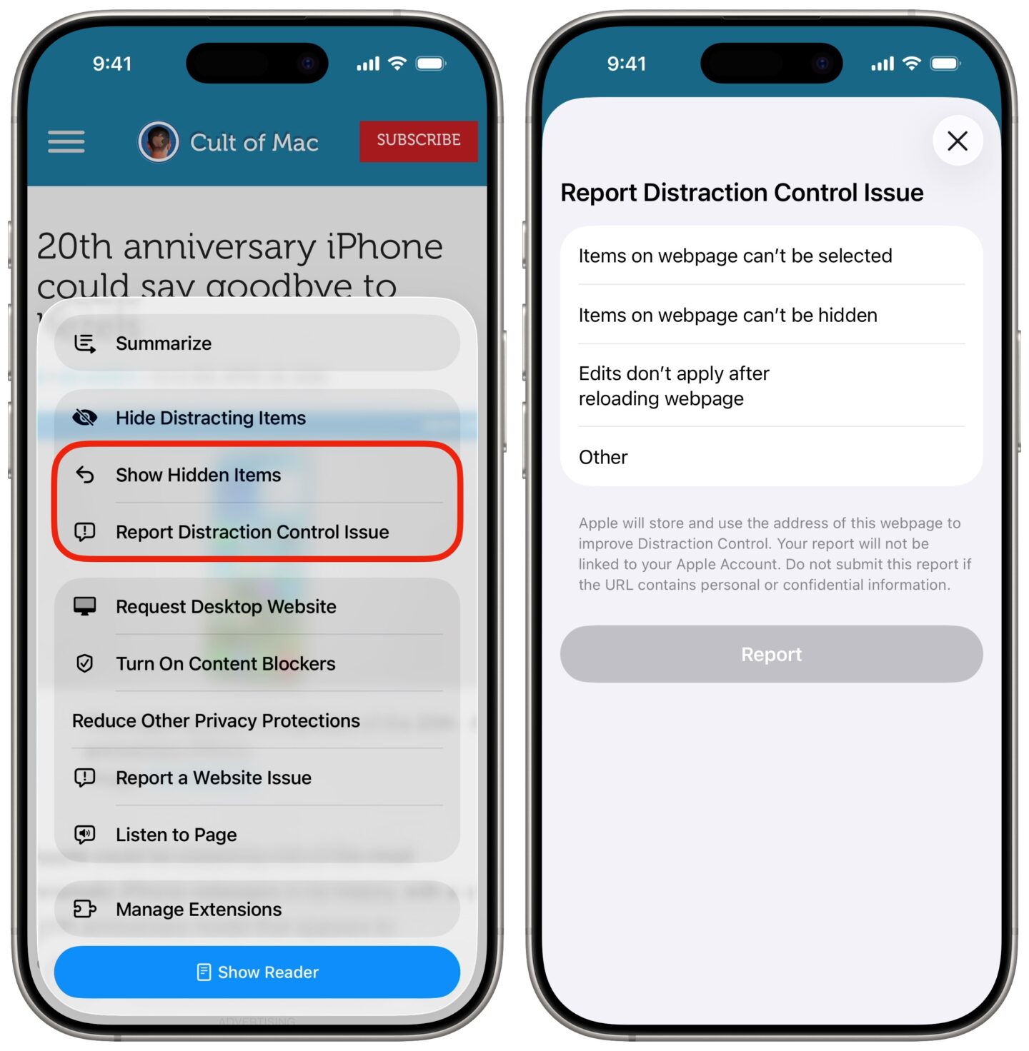 Options in the Safari page menu to Show Hidden Items and Report Distraction Control Issue