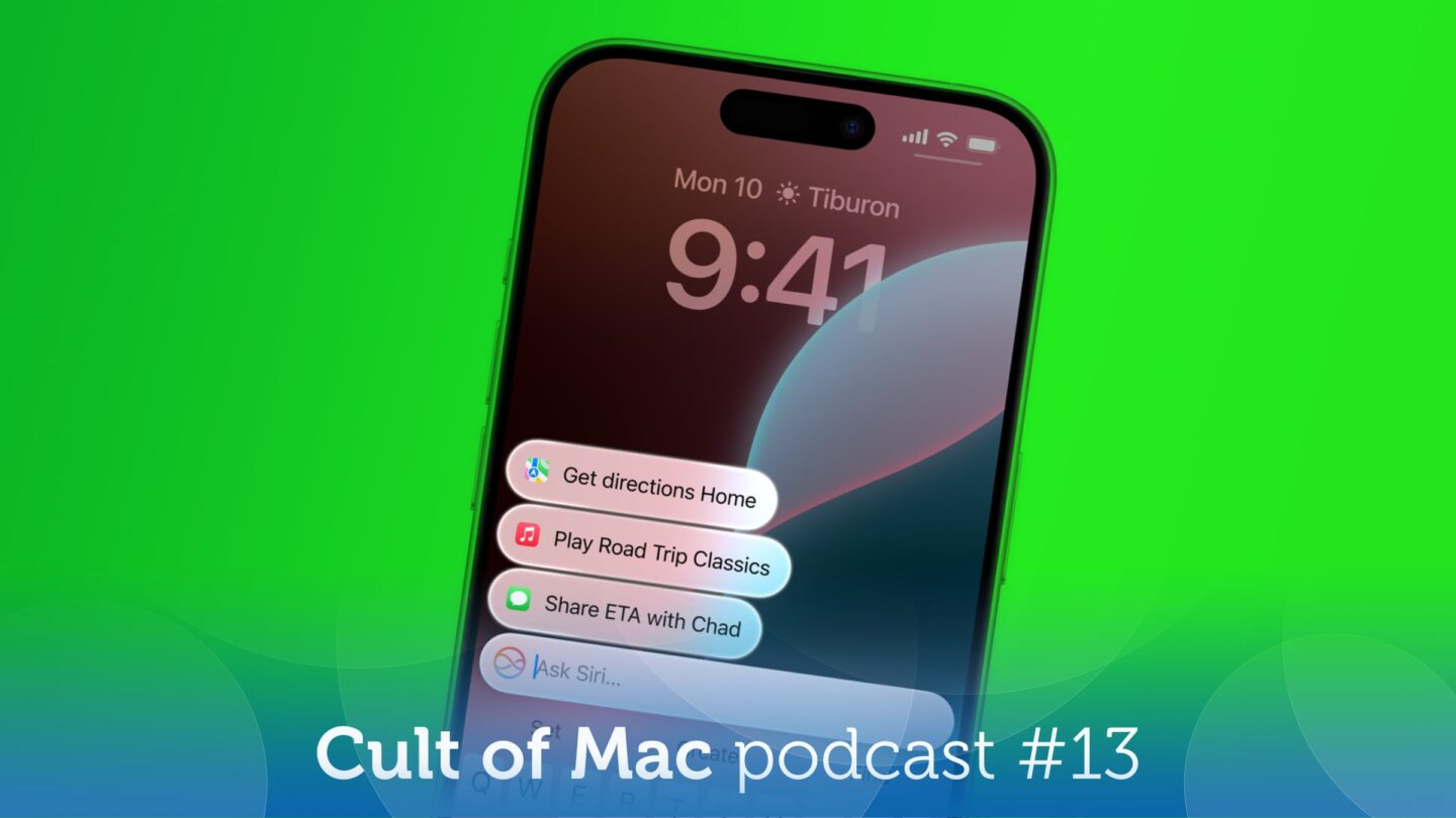 Image of an iPhone with Siri on it, plus the words "Cult of Mac podcast #13"