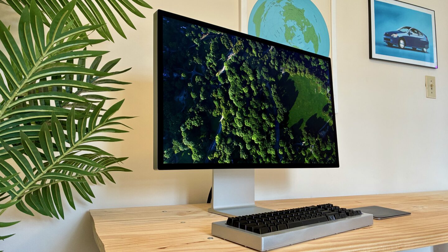 Studio Display XDR Aerial 3 The Studio Display XDR showing a city forest Aerial screensaver