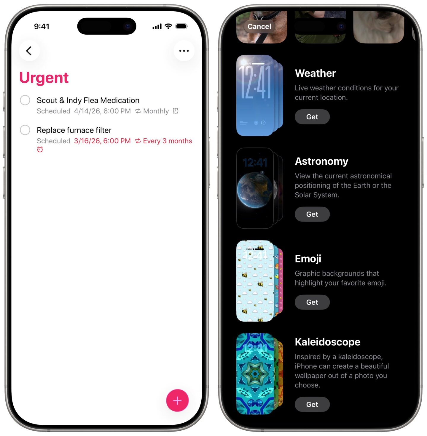 Urgent list of Reminders and browsing the Lock Screen themes