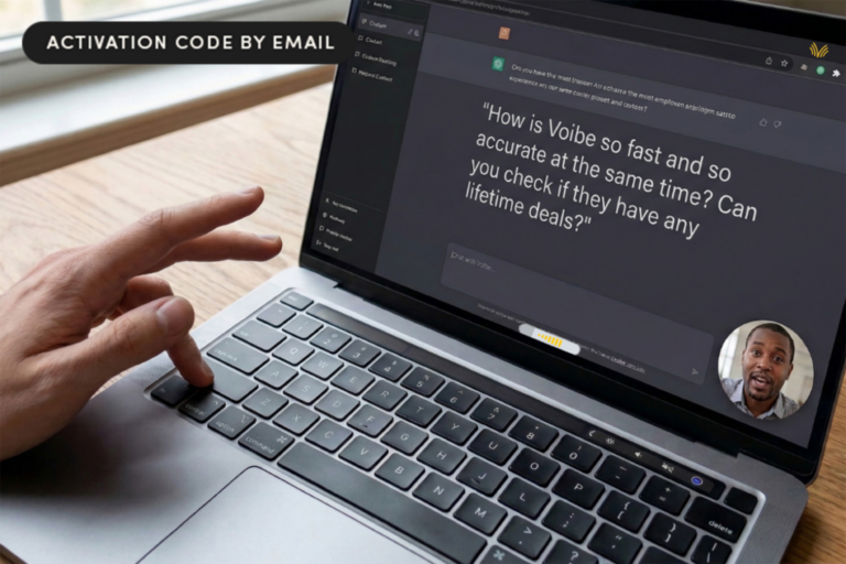 Person using Voibe dictation app on a Mac laptop