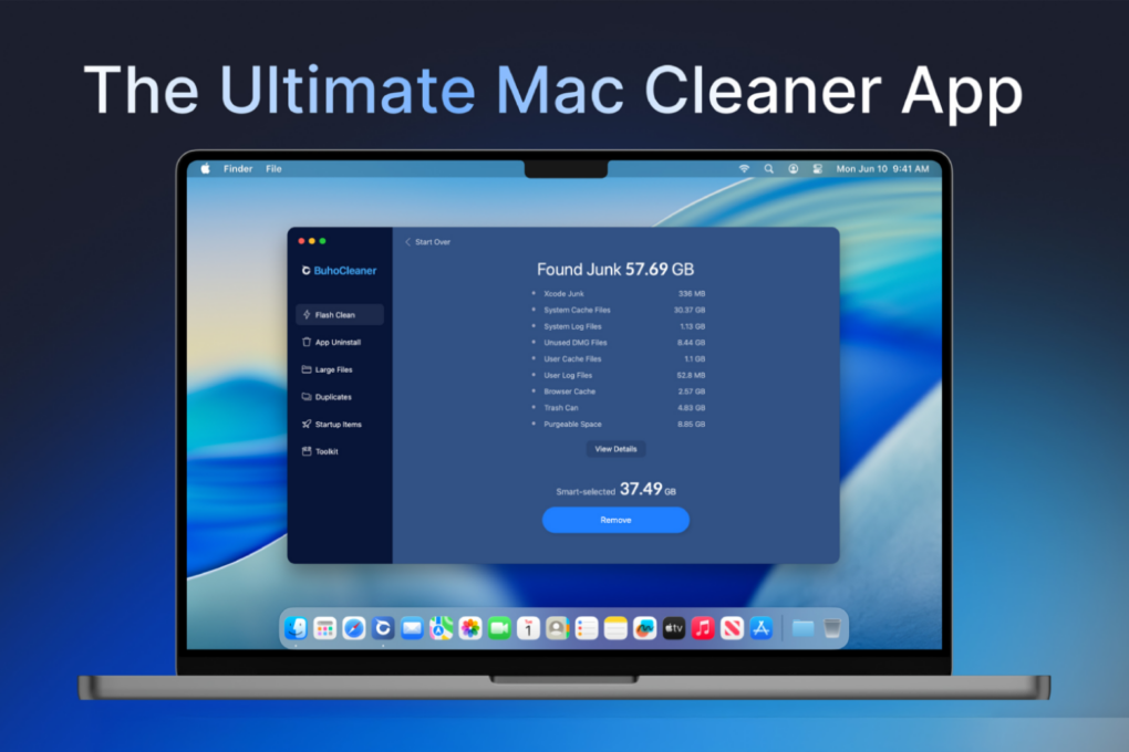 Screenshot of BuhoCleaner, part of the Dr.Buho Mac Utility Lifetime Bundle, running on a MacBook.