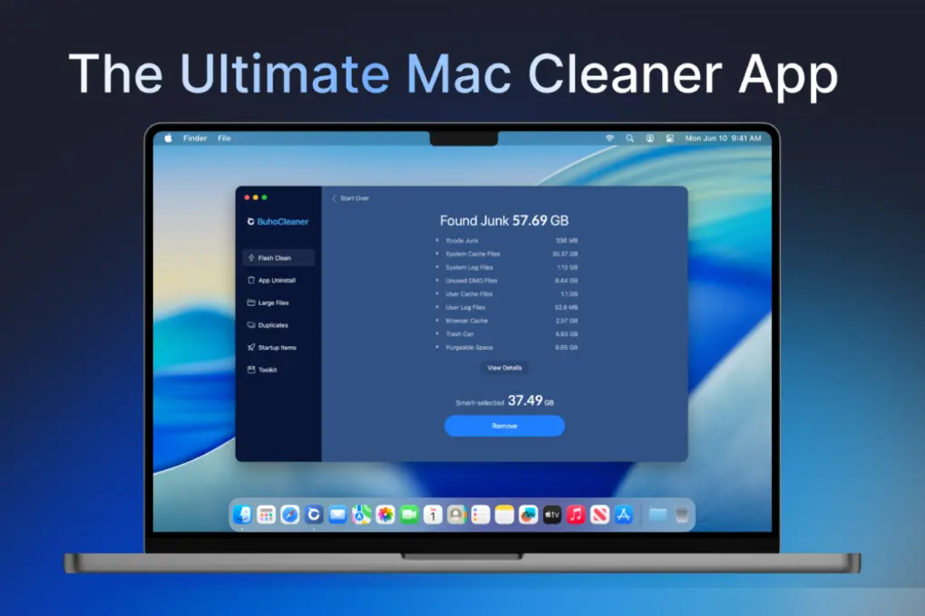 Screenshot of BuhoCleaner, part of the Dr.Buho Mac Utility Lifetime Bundle, running on a MacBook.