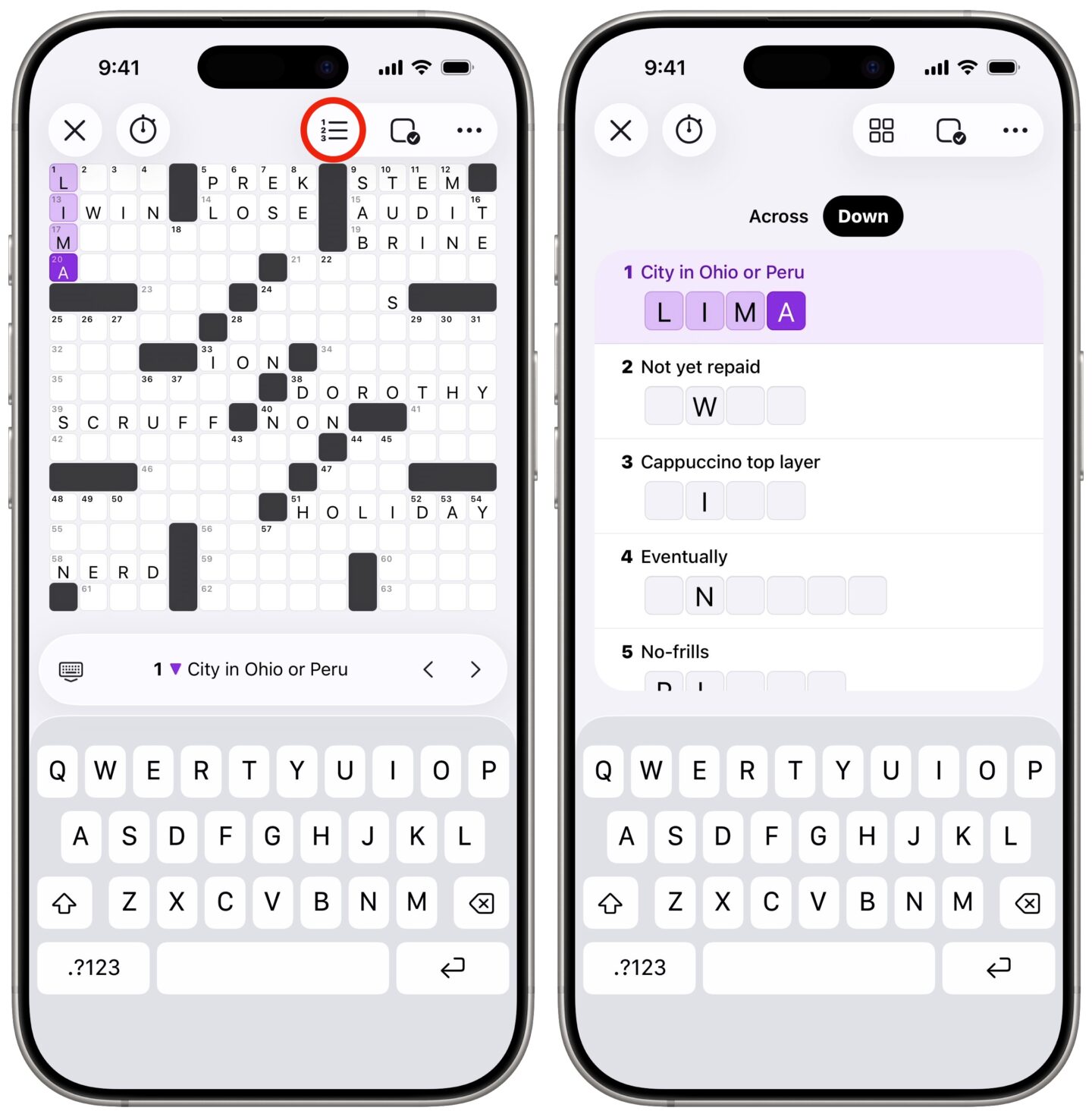 Screenshot of the crossword game