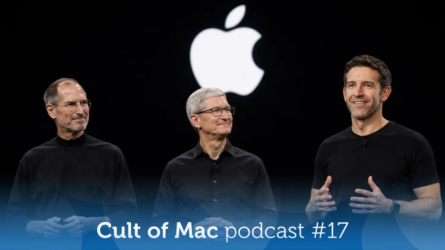 An AI-generated image of Steve Jobs, Tim Cook and John Ternus, with the Apple logo in the background and the words, "Cult of Mac podcast #17."