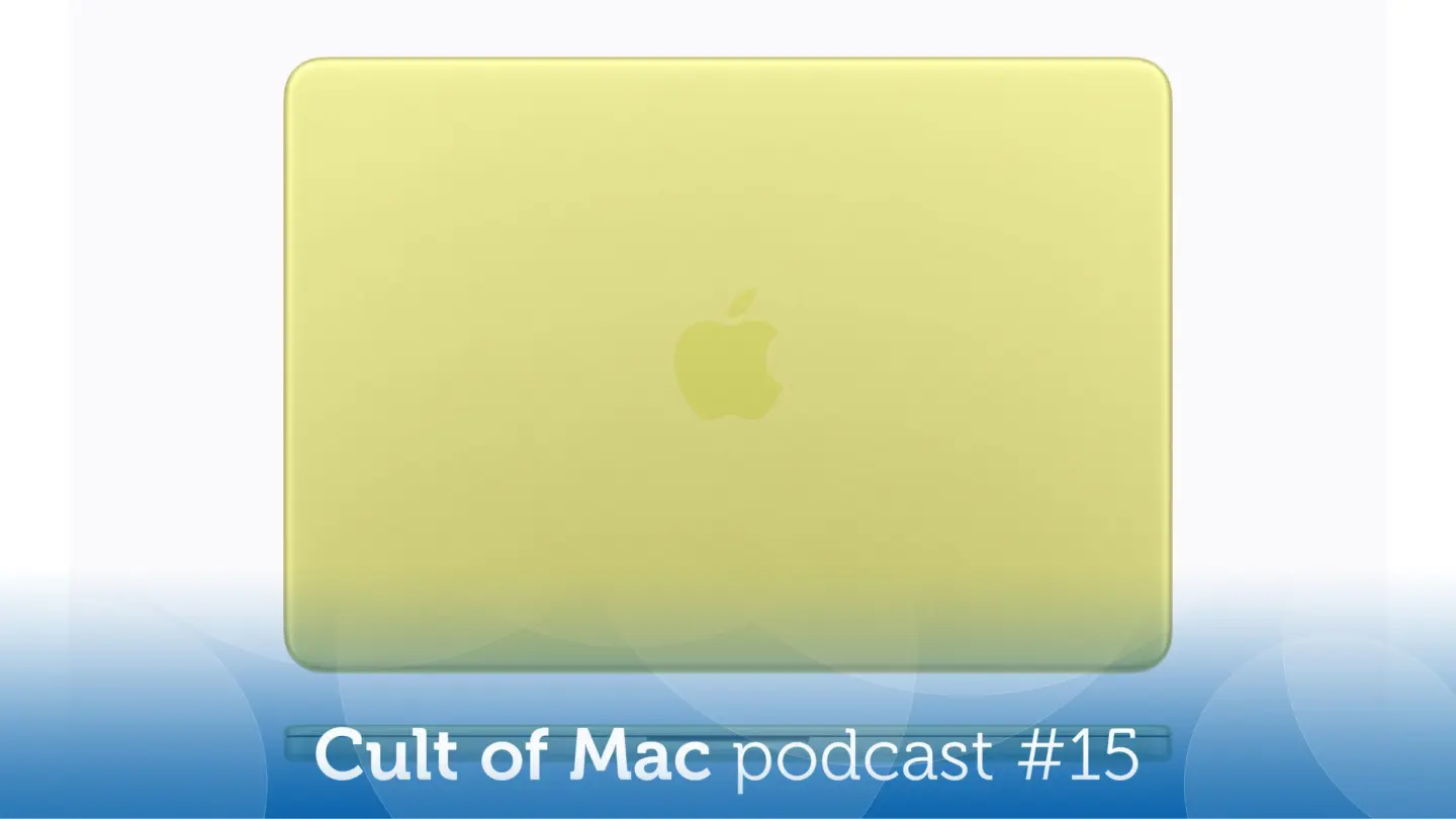 A photo of the MacBook Neo (citrus color) with the words, "Cult of Mac podcast #15."