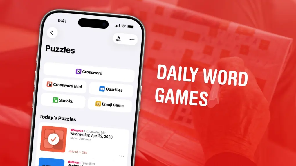 Graphic showing Apple News+ Puzzles with a photo of a man playing a newspaper crossword, captioned “Daily Word Games”