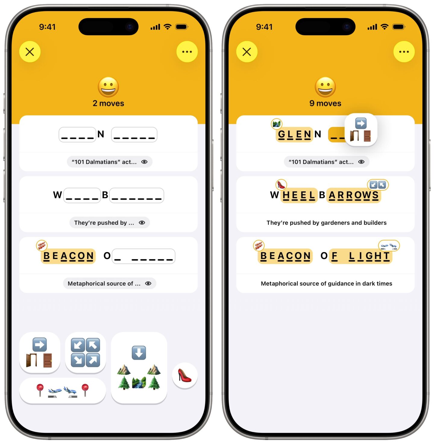 Two iPhone screenshots of the Emoji Game, the most annoying of the daily word games in Apple News+