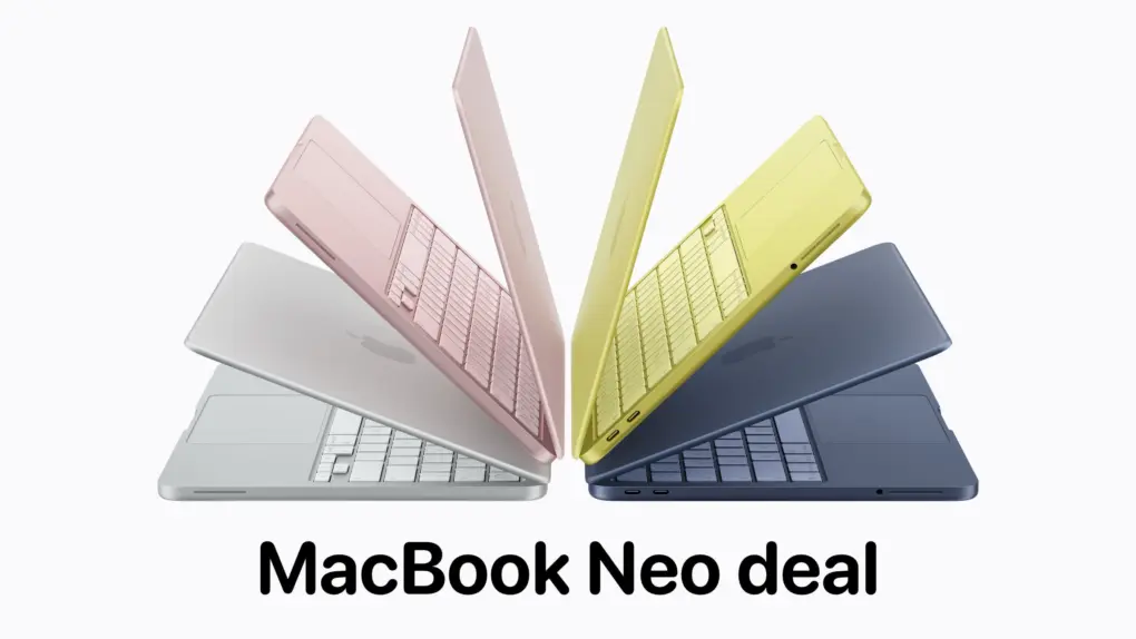 Apple promotional image of MacBook Neo laptop in four colors, with the words, 