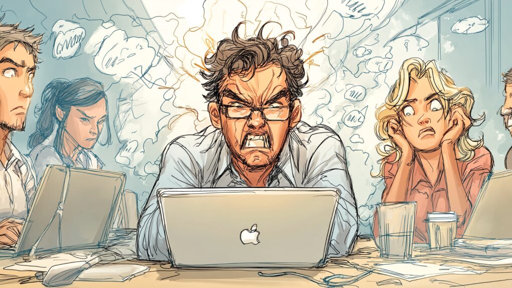Cartoon image of a person stressed out while taking notes on a MacBook without AI meeting assistant MeetScribe