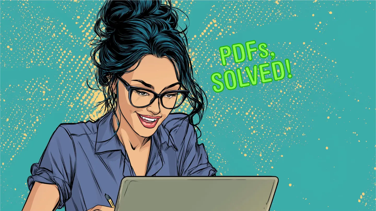 An AI-generated drawing of a woman using a MacBook, with the words "PDFs, solved!" Used to illustrate a deals post about PDFToolKit