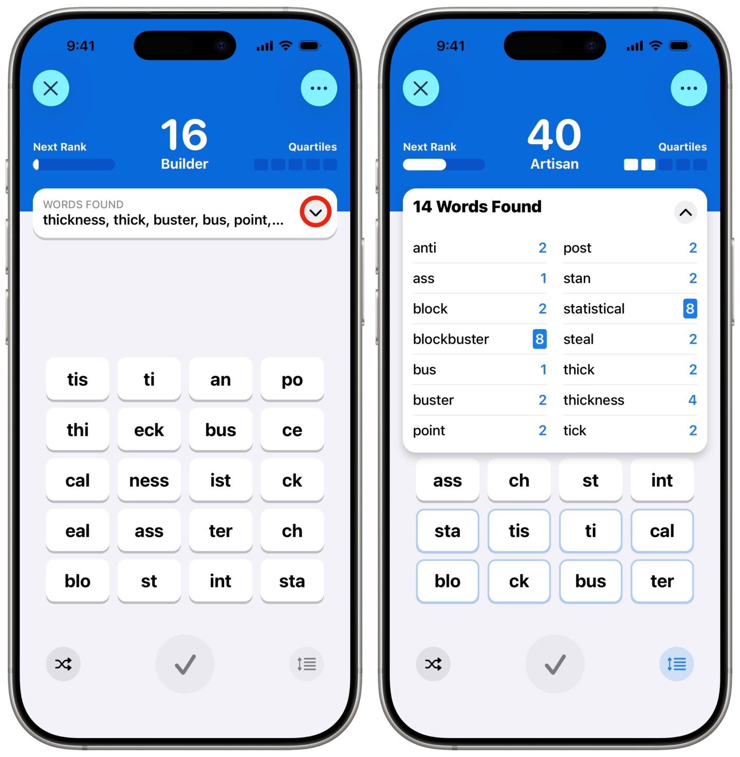 Two iPhone screenshots of Quartiles, the most original of the five daily games in Apple News+