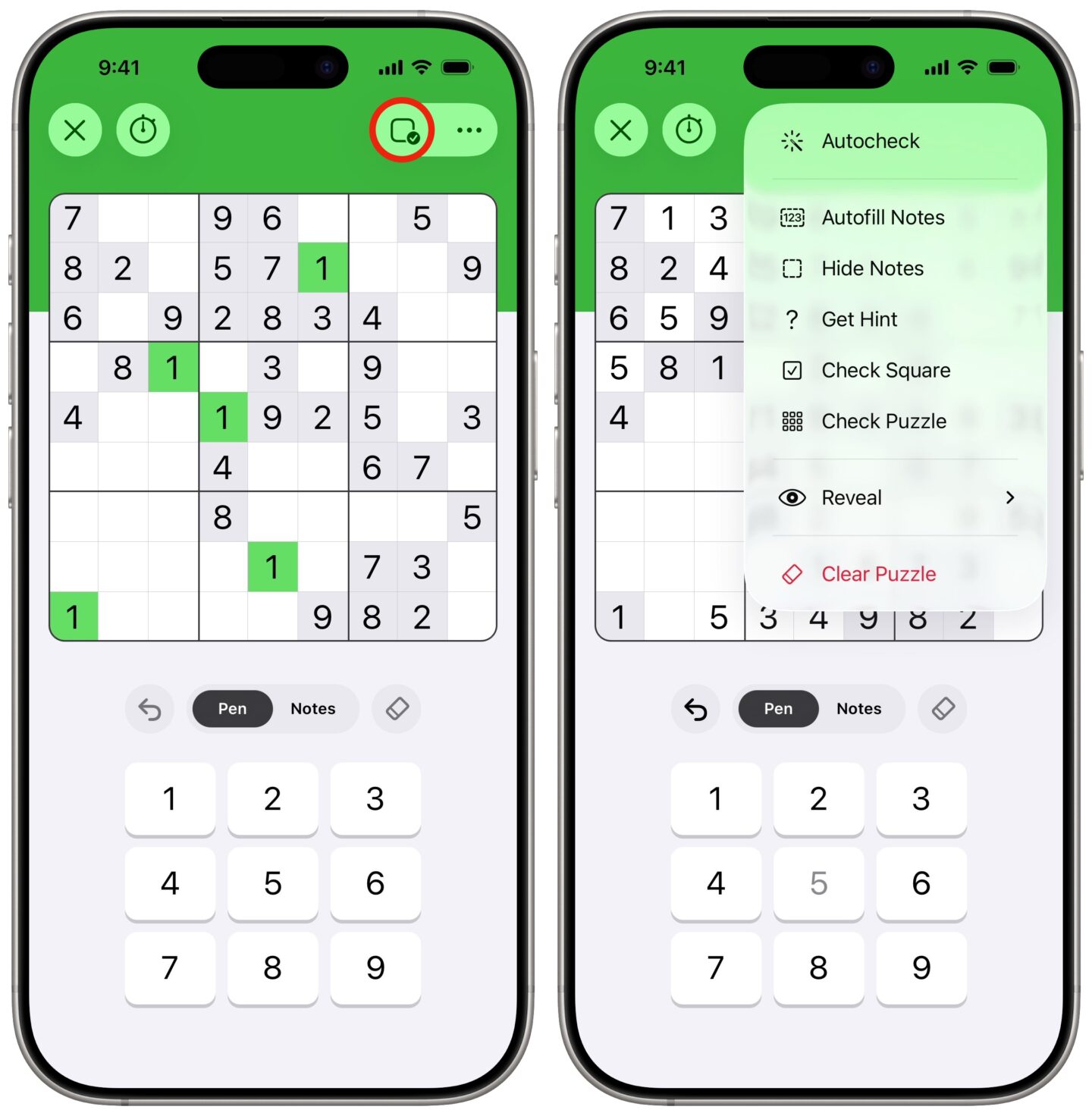Two iPhone screenshots of the Sudoku game Apple News+