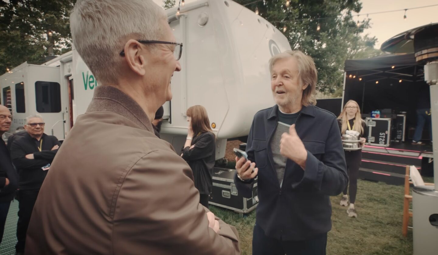 Tim Cook and Paul McCartney joke around at Apple Park