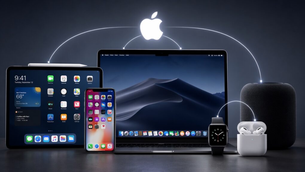 AI-generated image of MacBook, iPhone, iPad, Apple Watch and AirPods, with an Apple logo and lines connecting all the devices, used to illustrate a story about why Apple's ecosystem is difficult to leave.