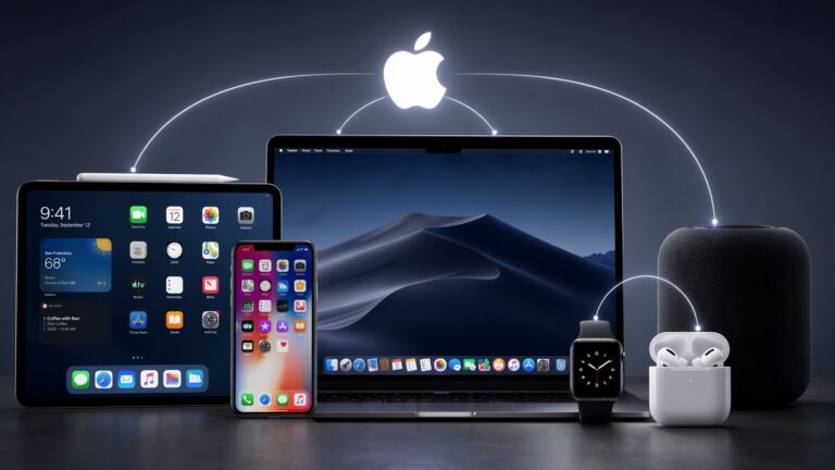 AI-generated image of MacBook, iPhone, iPad, Apple Watch and AirPods, with an Apple logo and lines connecting all the devices, used to illustrate a story about why Apple's ecosystem is difficult to leave.