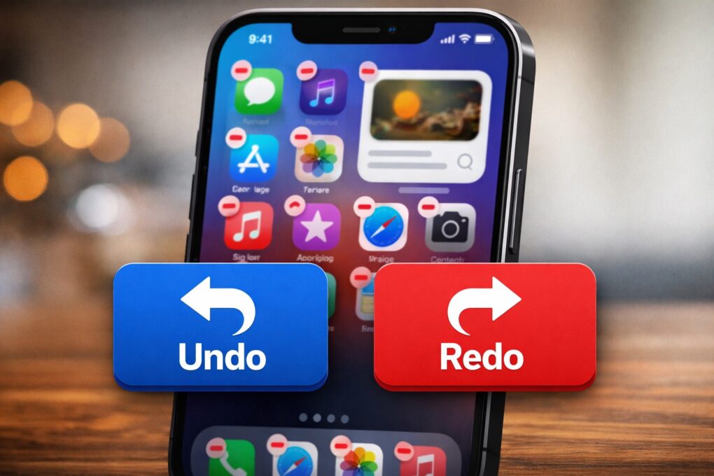 AI-generated image of an iPhone with an iOS Home Screen with undo/redo buttons