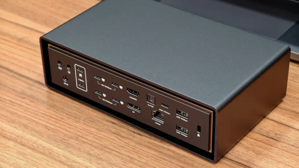 Photo of the Ivanky FusionDock Ultra on a desk, used to illustrate a review of the unique Thunderbolt 5 dock.